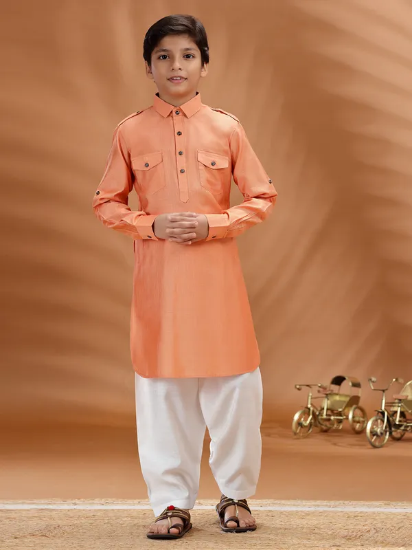 Peach cotton festive wear pathani set