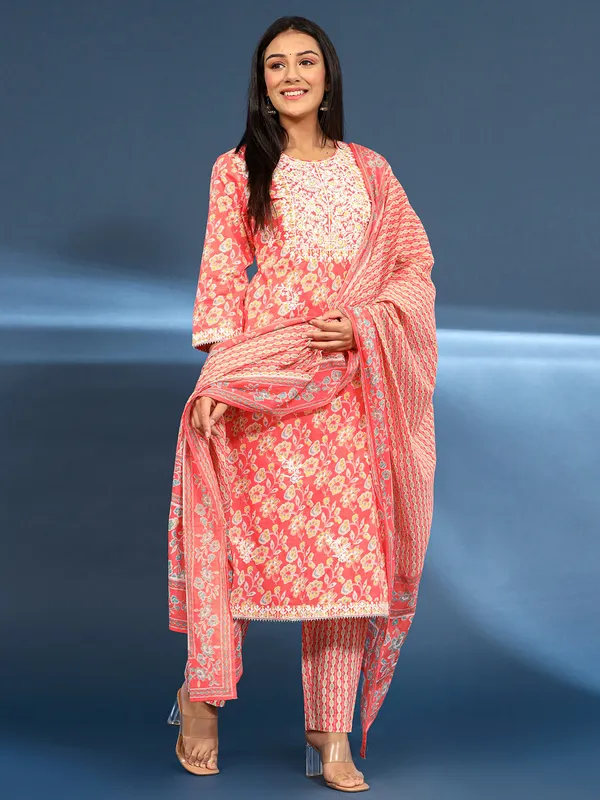 Orange cotton kurti set with dupatta