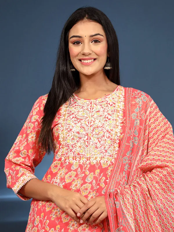 Orange cotton kurti set with dupatta