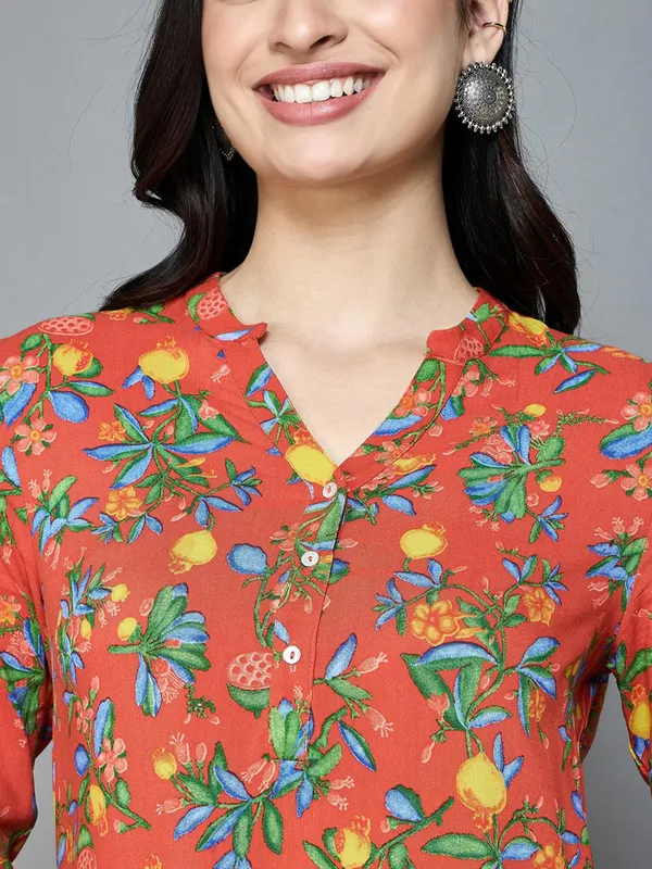 Orange cotton kurti with floral print