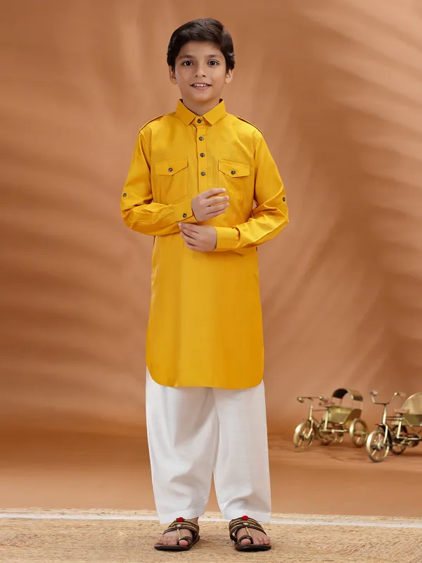 Orange cotton pathani kurta pant set