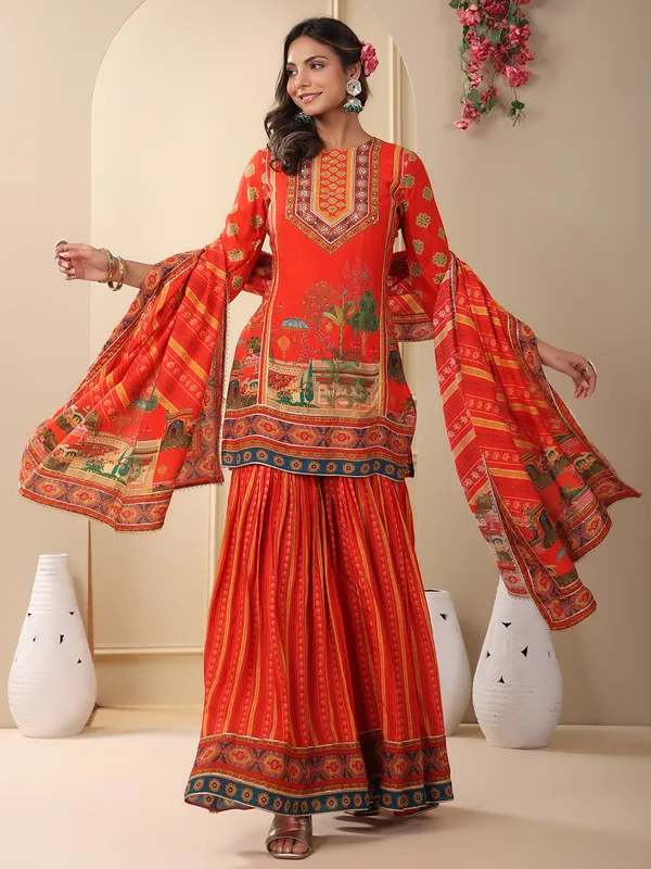 Orange cotton sharara set with dupatta