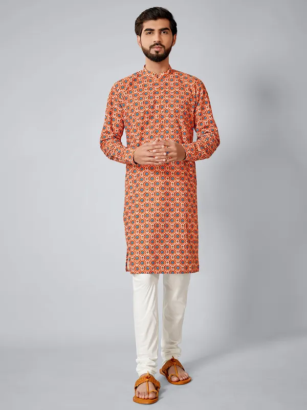 Orange cotton silk kurta set for festive events