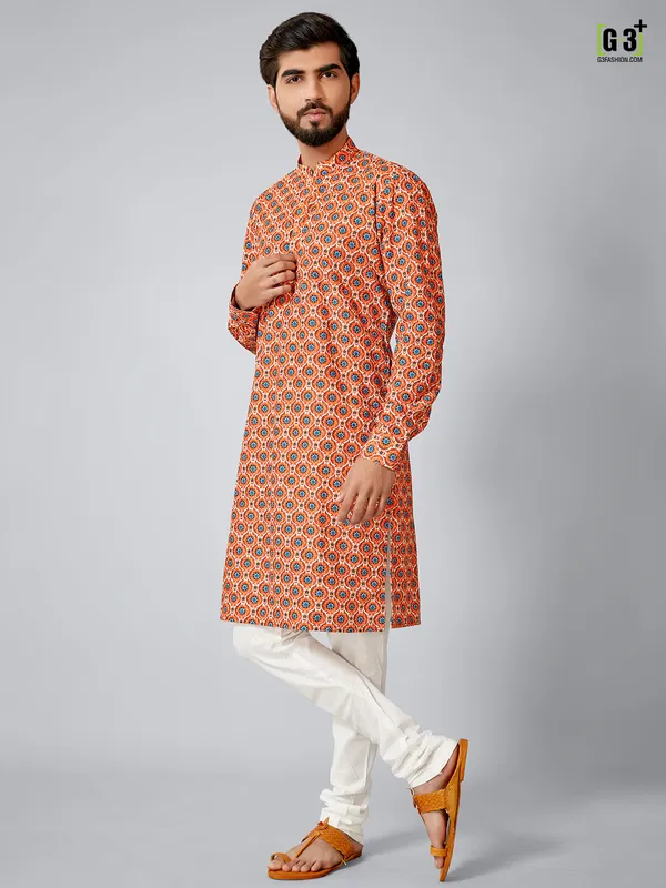 Orange cotton silk kurta set for festive events