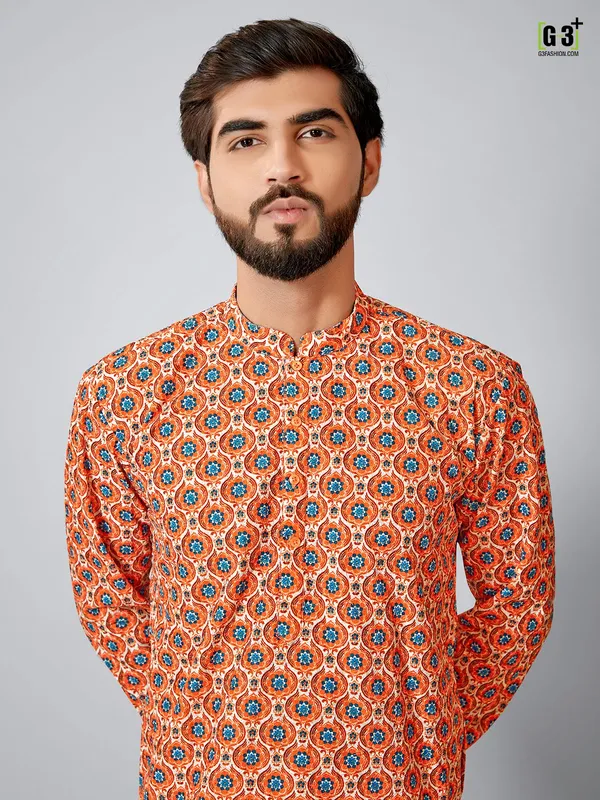 Orange cotton silk kurta set for festive events