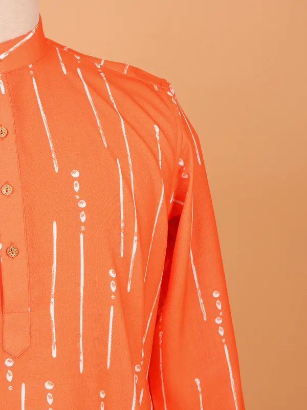 Orange cotton silk kurta set in printed