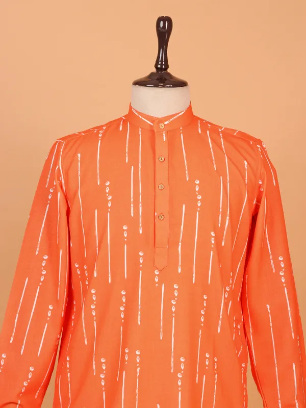 Orange cotton silk kurta set in printed