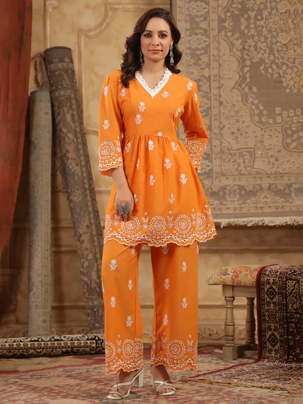 Orange cotton silk kurti set with embroidery