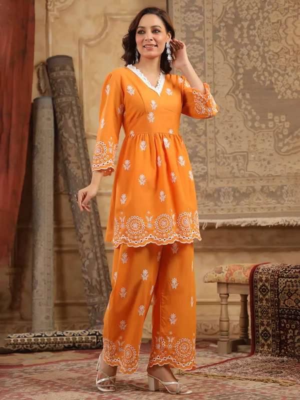 Orange cotton silk kurti set with embroidery