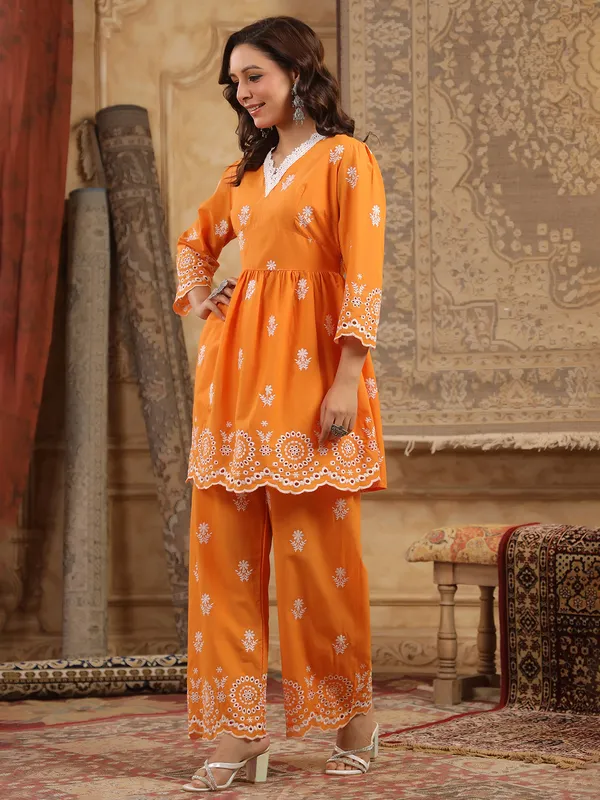 Orange cotton silk kurti set with embroidery