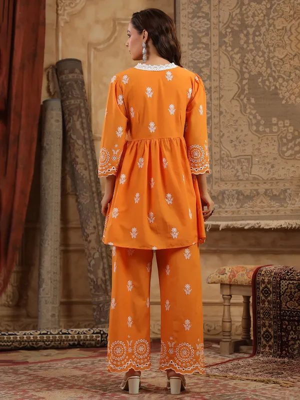 Orange cotton silk kurti set with embroidery