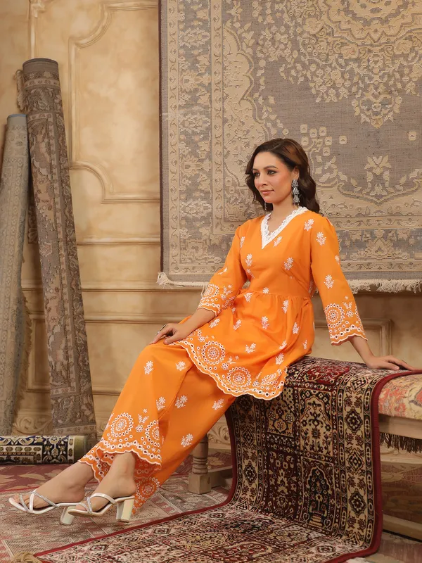 Orange cotton silk kurti set with embroidery