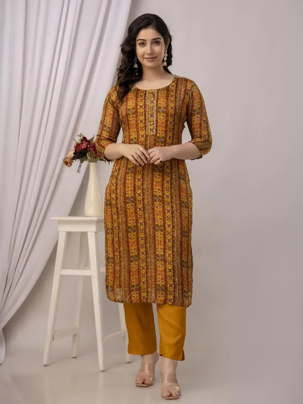 Orange cotton silk kurti set with print