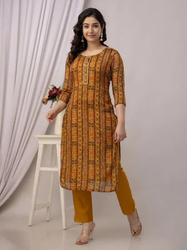 Orange cotton silk kurti set with print