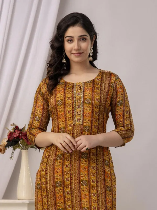 Orange cotton silk kurti set with print