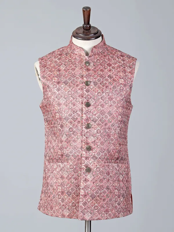 Orange cotton silk printed waistcoat for wedding
