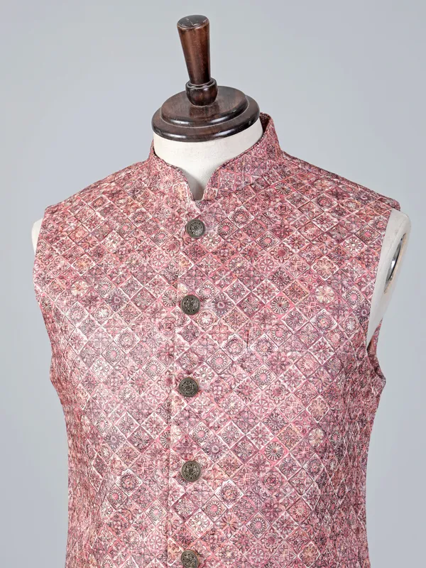 Orange cotton silk printed waistcoat for wedding