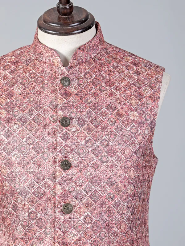 Orange cotton silk printed waistcoat for wedding