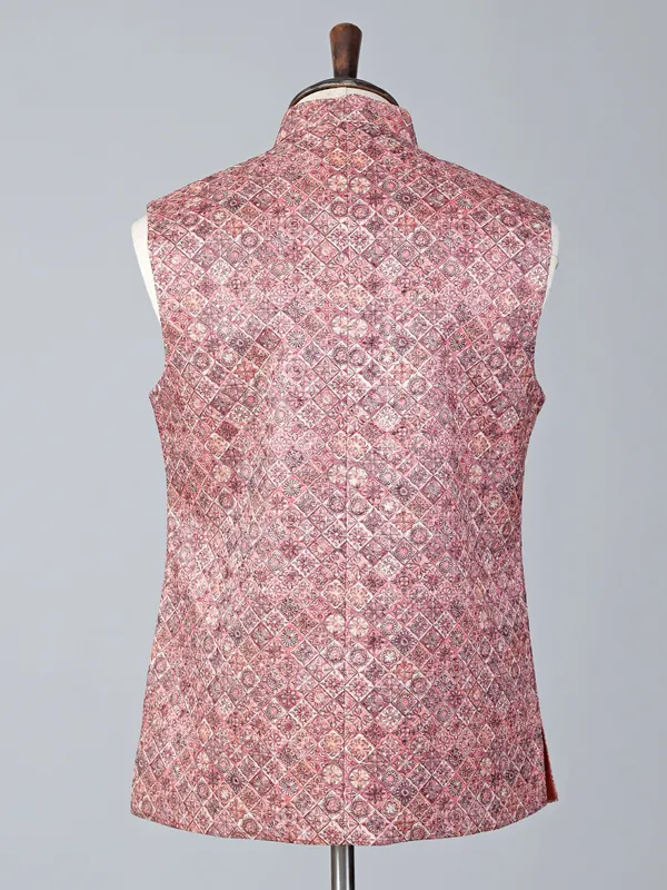 Orange cotton silk printed waistcoat for wedding
