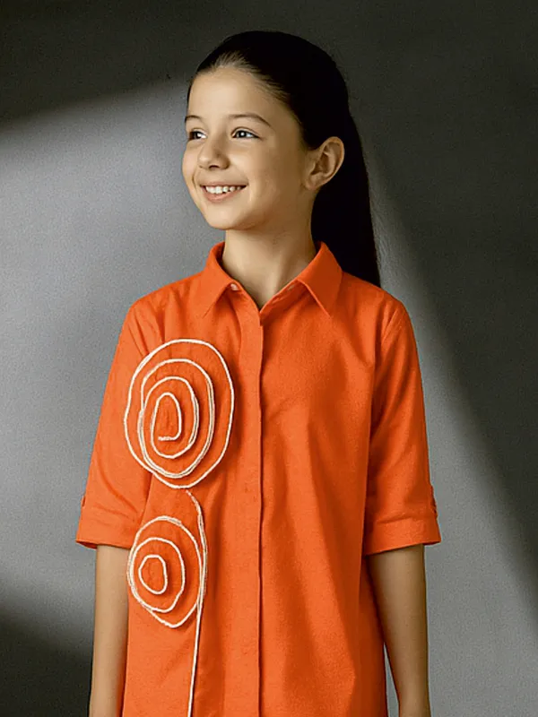 Orange cotton silk spiral applique dress