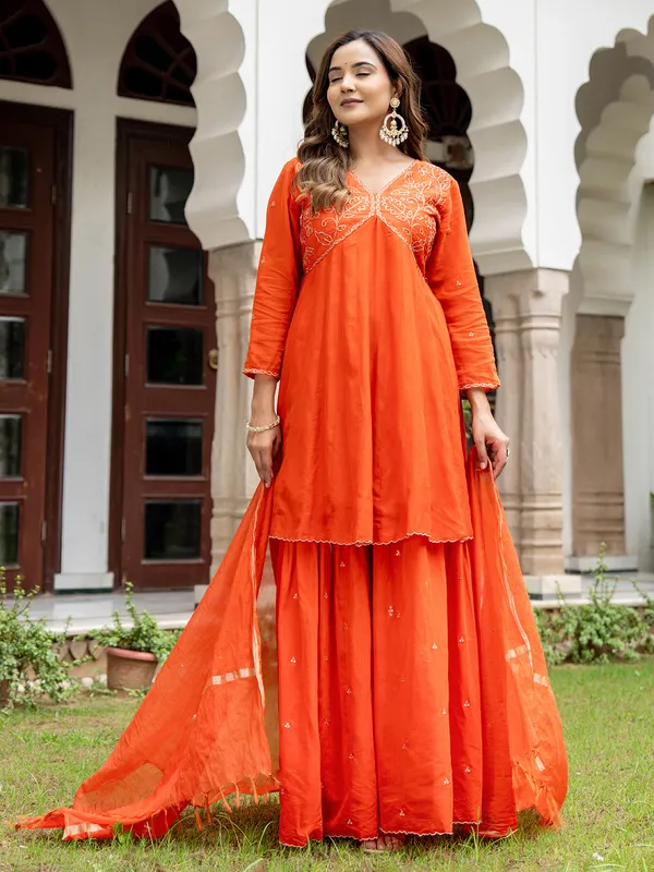Orange cotton silk v neck sharara outfit