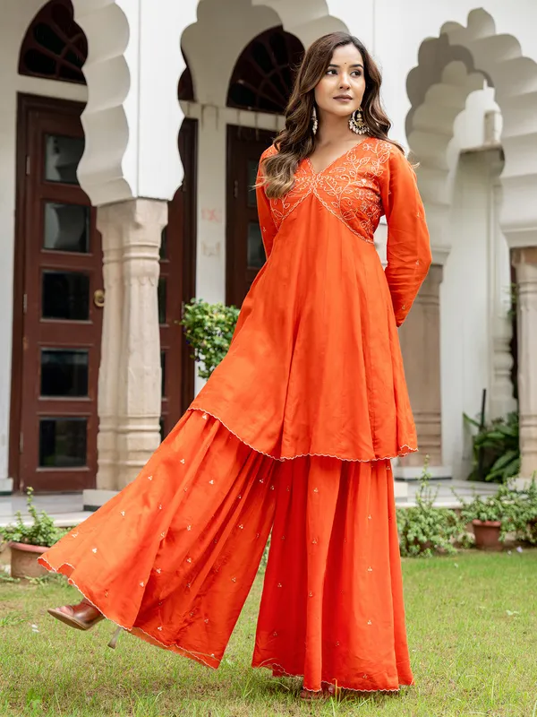 Orange cotton silk v neck sharara outfit