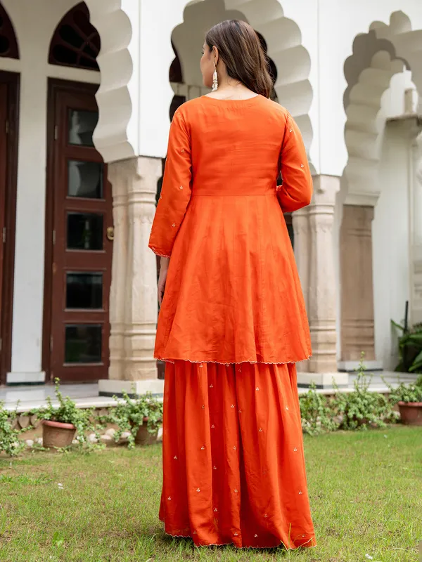 Orange cotton silk v neck sharara outfit