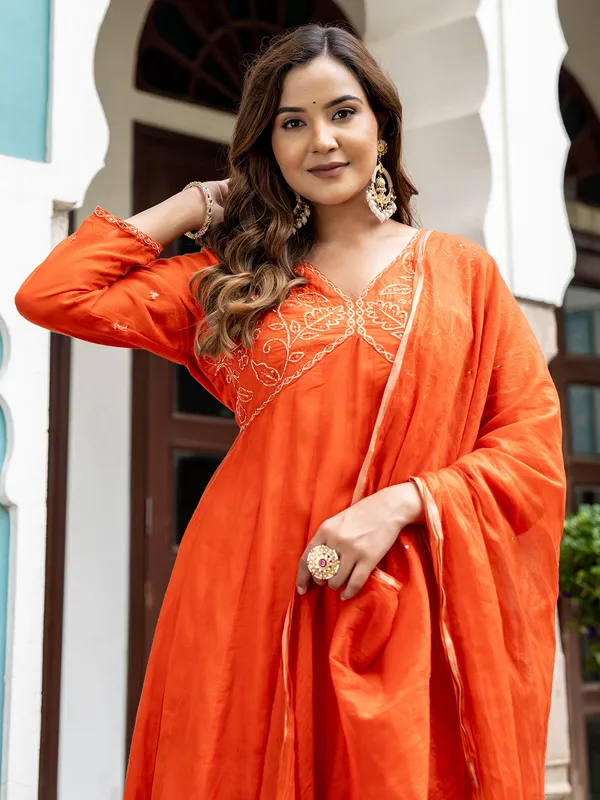 Orange cotton silk v neck sharara outfit