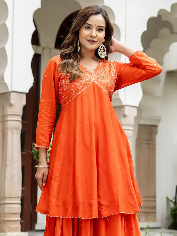 Orange cotton silk v neck sharara outfit