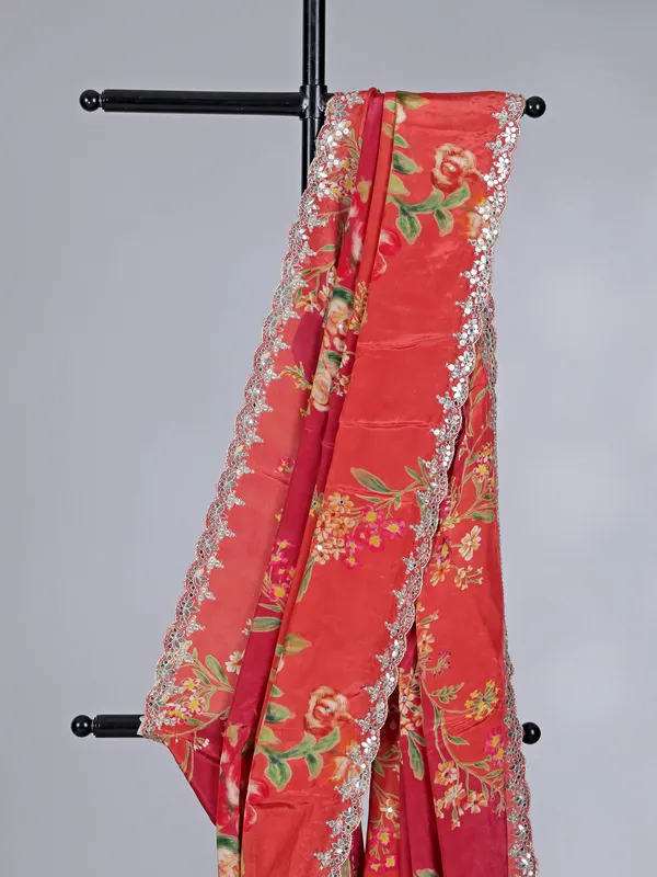 Orange crepe silk festive printed saree
