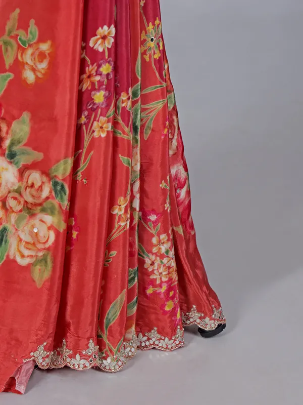 Orange crepe silk festive printed saree