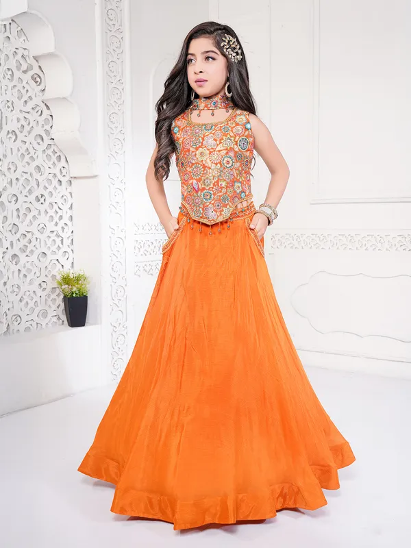 Orange crepe silk girls lehenga choli with heavy work