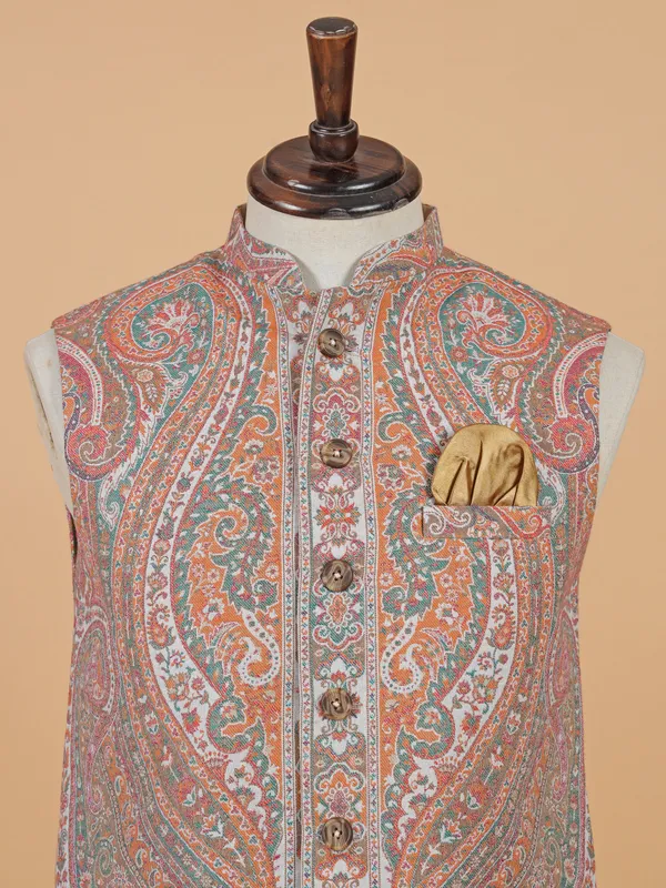 Orange designer printed silk waistcoat