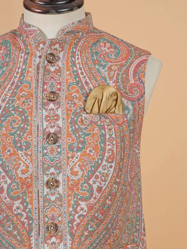 Orange designer printed silk waistcoat
