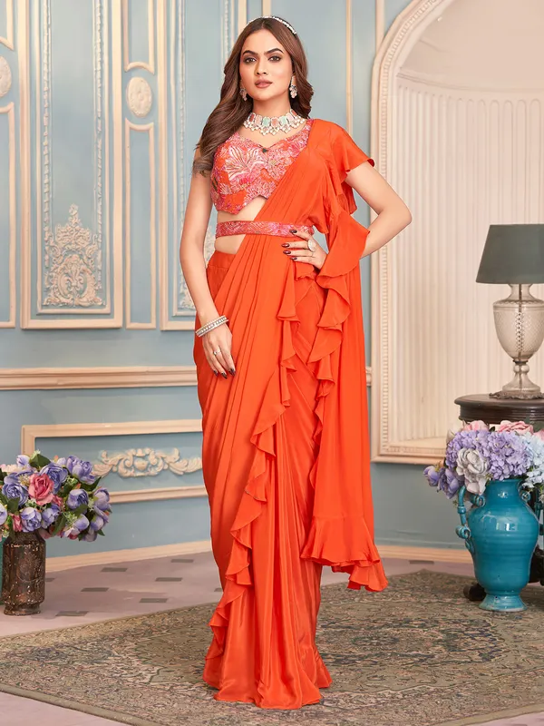 Orange designer satin silk saree