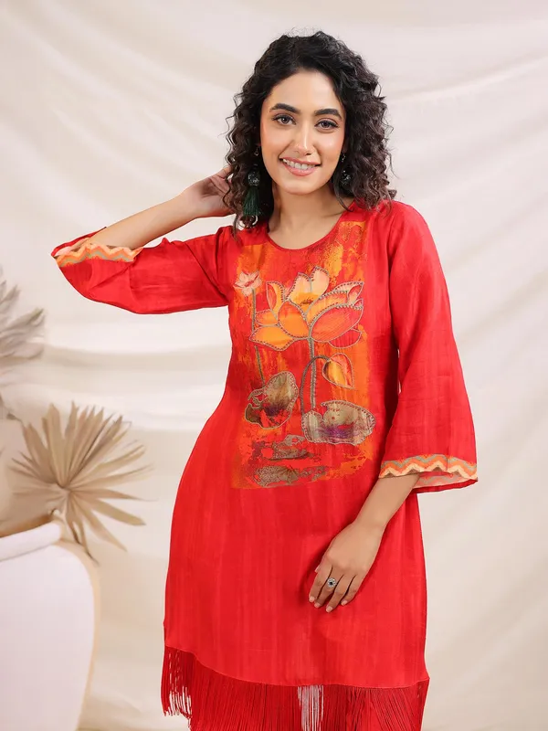 Orange dola silk printed kurti set
