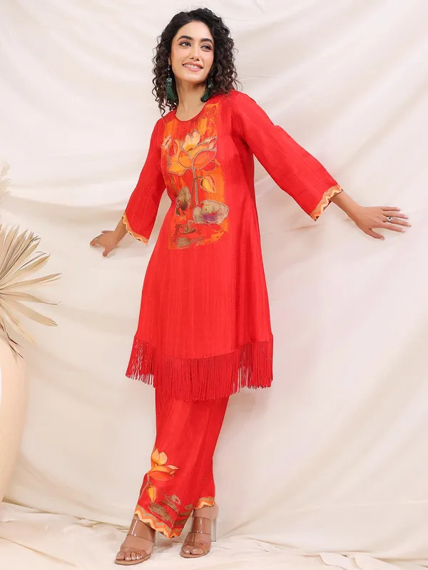 Orange dola silk printed kurti set