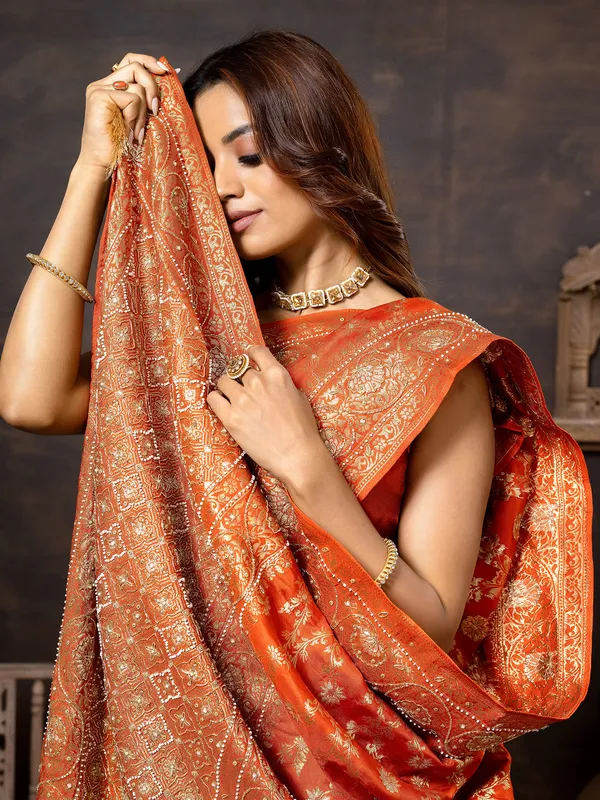 Orange dola silk saree for women wedding wear