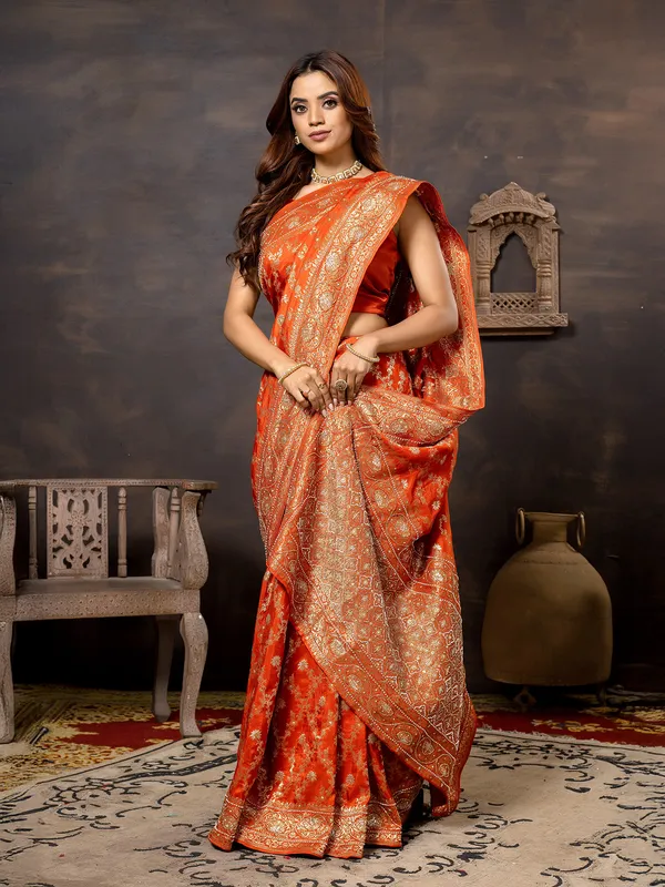 Orange dola silk saree for women wedding wear