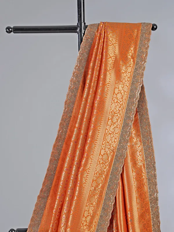 Orange dola silk unstitched saree with zardosi weaving