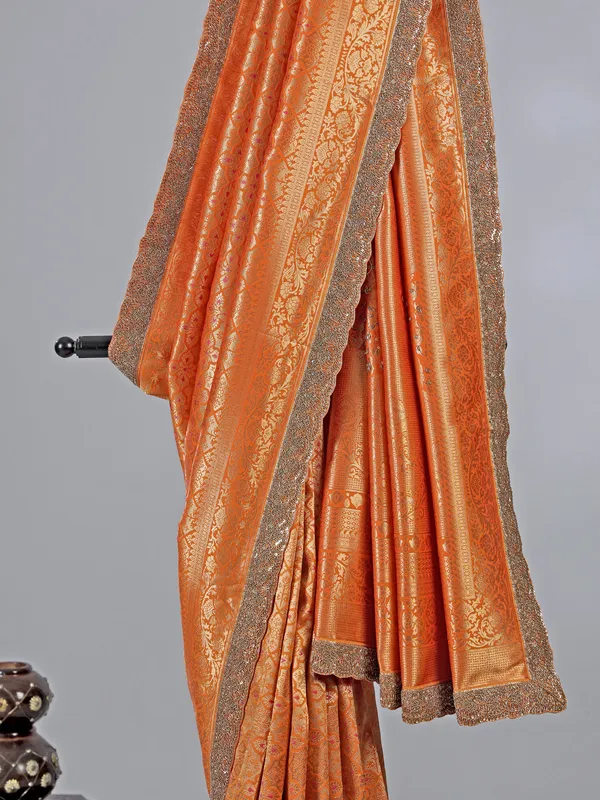 Orange dola silk unstitched saree with zardosi weaving