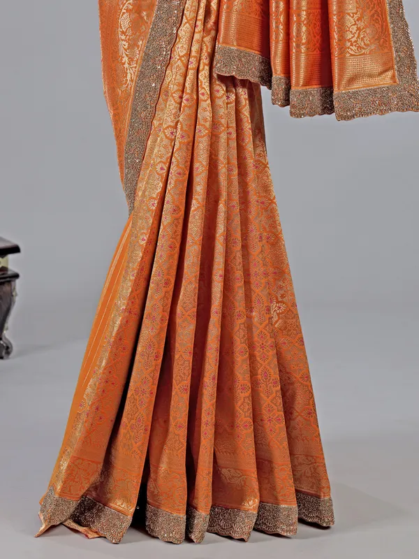 Orange dola silk unstitched saree with zardosi weaving