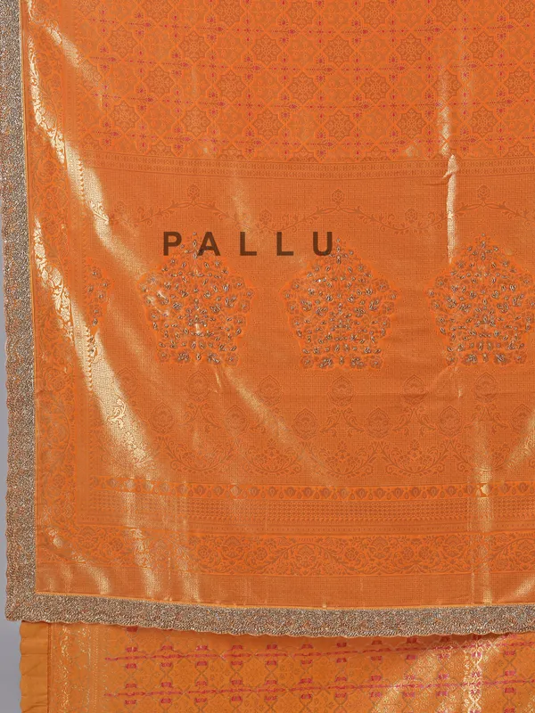 Orange dola silk unstitched saree with zardosi weaving