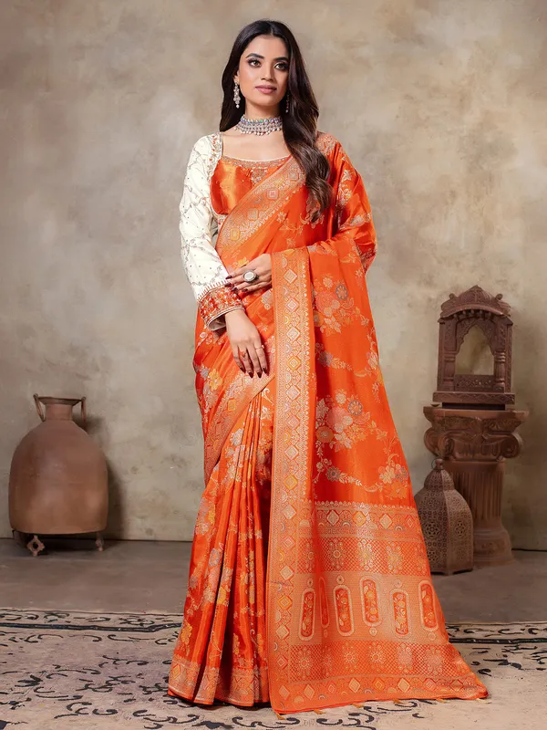 Orange dola silk zari weaving saree