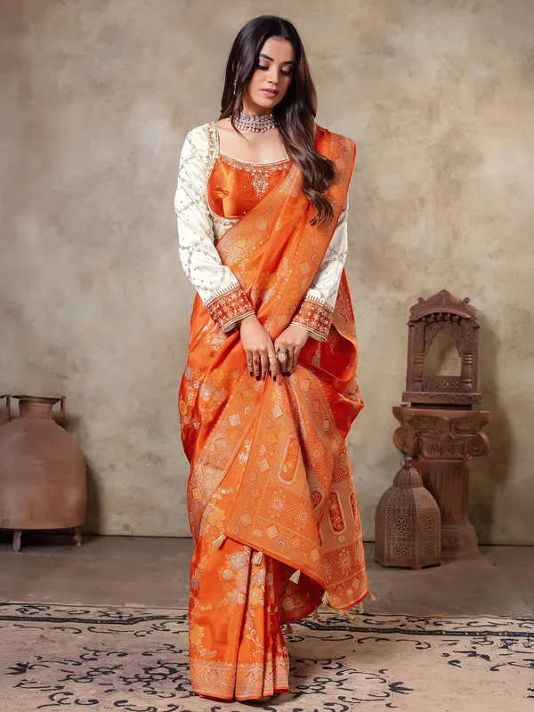 Orange dola silk zari weaving saree