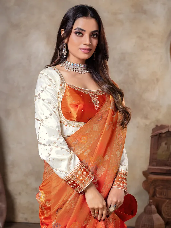 Orange dola silk zari weaving saree