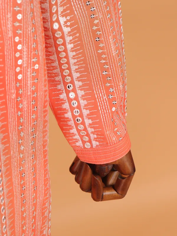 Orange embroided festive kurta set for men
