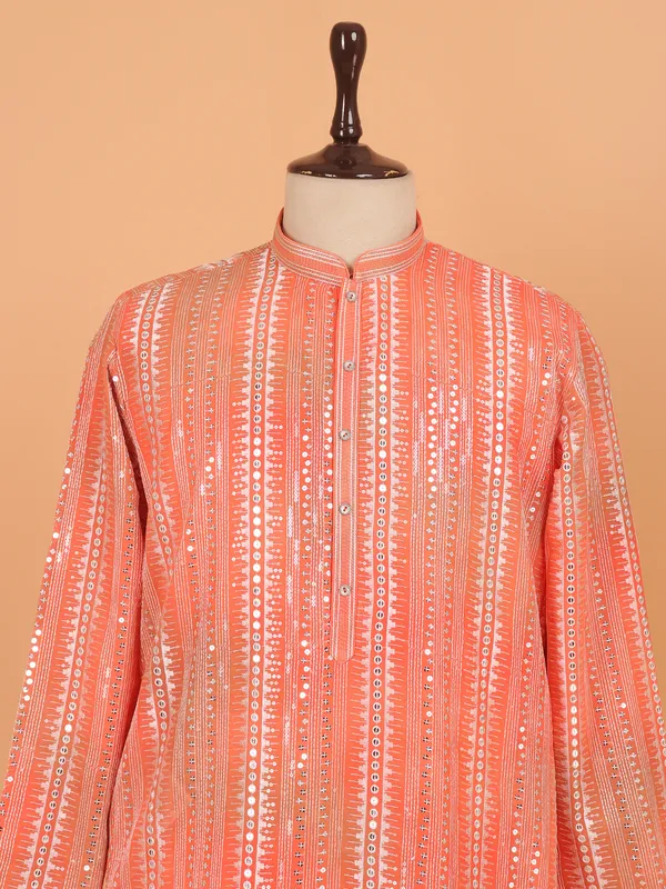 Orange embroided festive kurta set for men