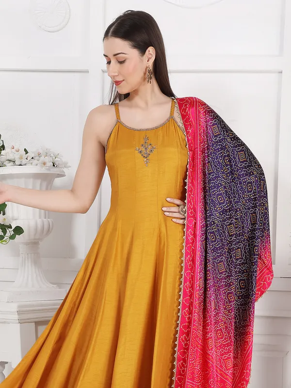 Yellow festive wear silk kurti set with printed dupatta