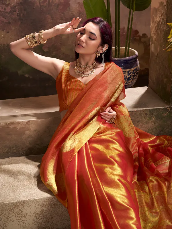 Orange festive wear yissue silk saree